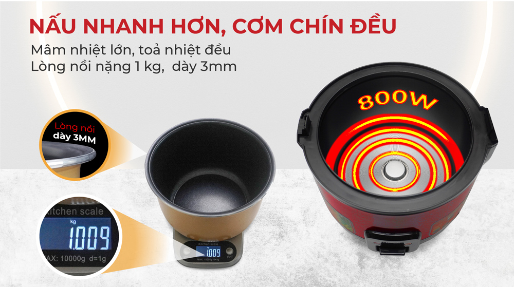 Nồi cơm điện KIPOR KP-N6518 - 1.8L - Nồi cơ dung tích lớn 4-6 người ăn, chống dính TEFLON 3mm 1Kg, màu đỏ/vàng đa năng -Hàng chính hãng- Bảo hành tại nhà 12 tháng