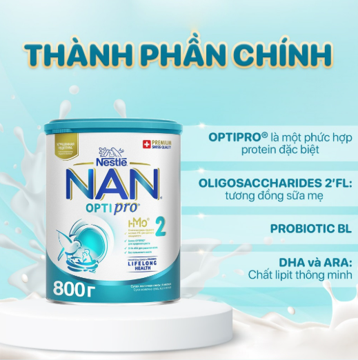 Sữa bột Nestlé NAN OPTIPRO PLUS 2 800g/lon với 5HMO Sản Xuất Tại Thụy Sĩ (6 - 12 tháng)