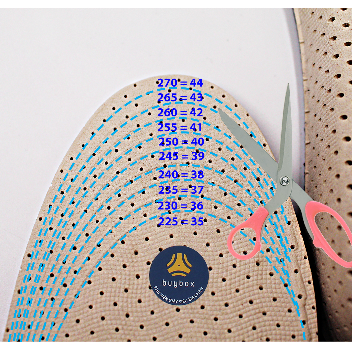 Hướng dẫn size in sẵn ở mặt dưới lót giày tổ ong độn đế tăng chiều cao 2cm, 3cm, 4cm buybox BBPK57