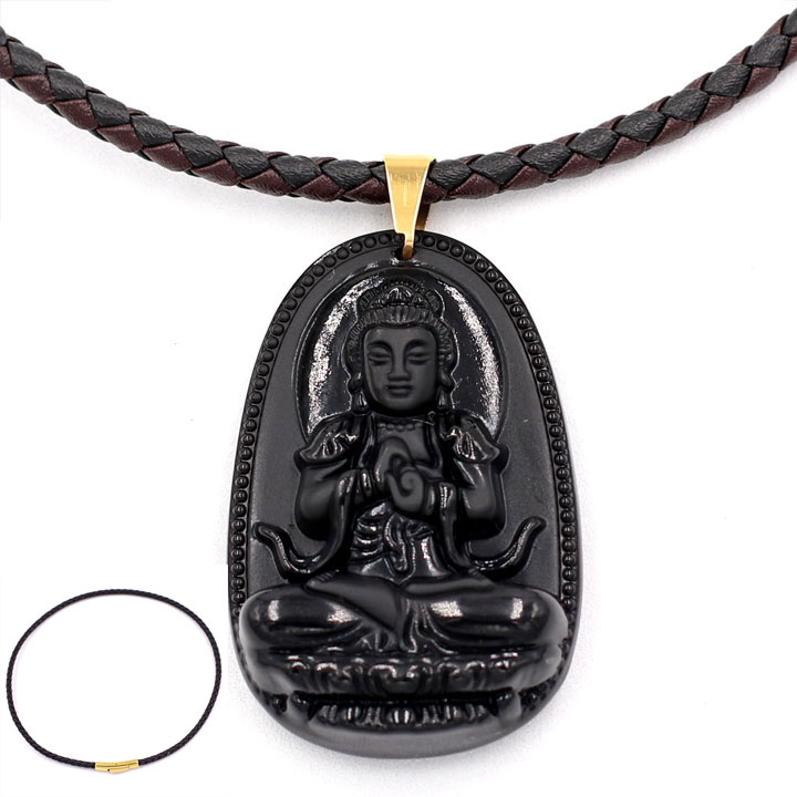 [Tuổi Mùi, Thân] Dây Chuyền Mặt Phật Đại Nhật Như Lai Thạch Anh Đen 5cm + Dây Da - Mặt Size Lớn - Tặng Kèm Móc Inox - May Mắn - Bình An