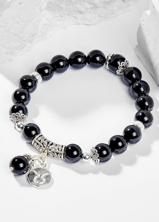 Vòng Tay Phong Thủy Đá Obsidian Phối Charm Cung Hoàng Đạo Kim Ngưu (8mm) Mệnh Thủy, Mộc