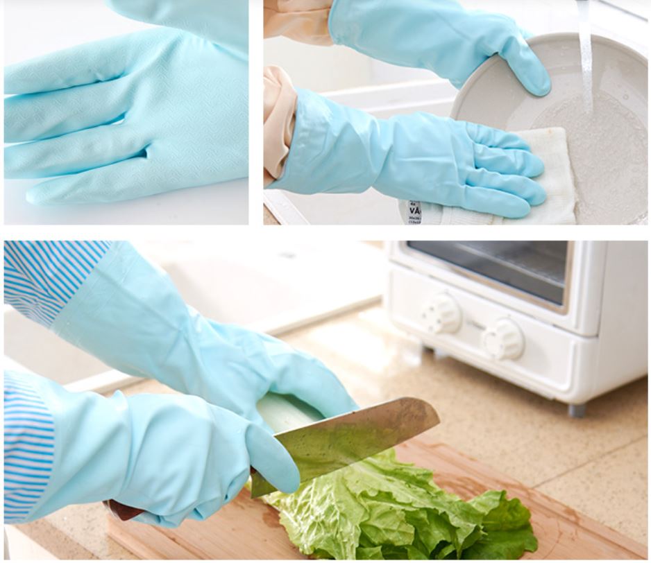 Jia Hao laundry plus velvet warm gloves waterproof and durable long thick latex rubber kitchen wash bowl household chores three-piece set 2 in 1 long