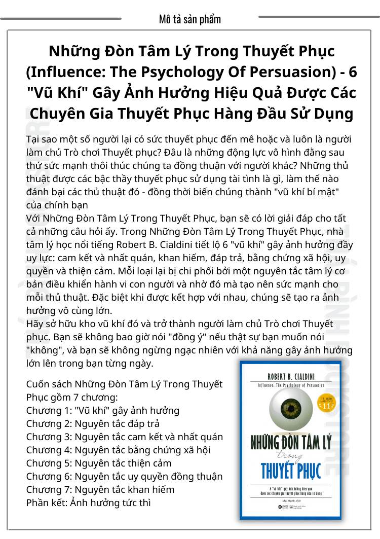 Sách - Những Đòn Tâm Lý Trong Thuyết Phục (Influence: The Psychology Of Persuasion) - 6 "Vũ Khí" Gây Ảnh Hưởng Hiệu Quả Được Các Chuyên Gia Thuyết Phục Hàng Đầu Sử Dụng - Robert B Cialdini - Thái Bình Bookstore