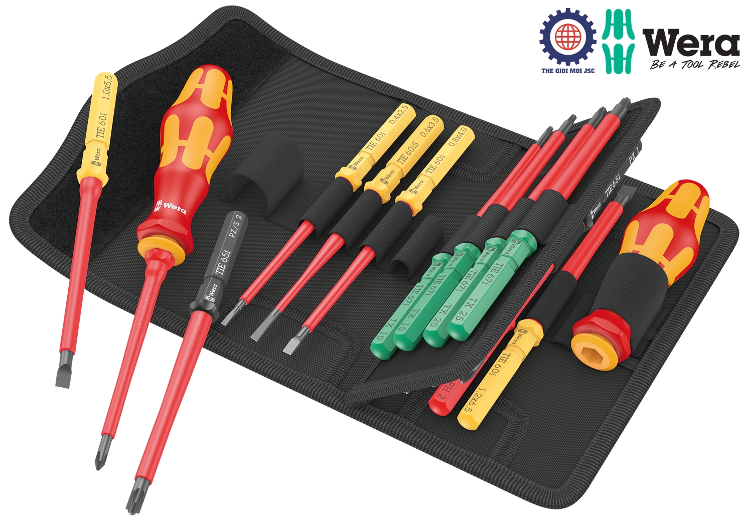 Bộ tua vít cách điện Kraftform Kompakt VDE 17 Universal 1 gồm 4 cạnh, dẹp, hoa thị  các đầu vít thay đổi được gồm 17 chiếc Wera 05006611001