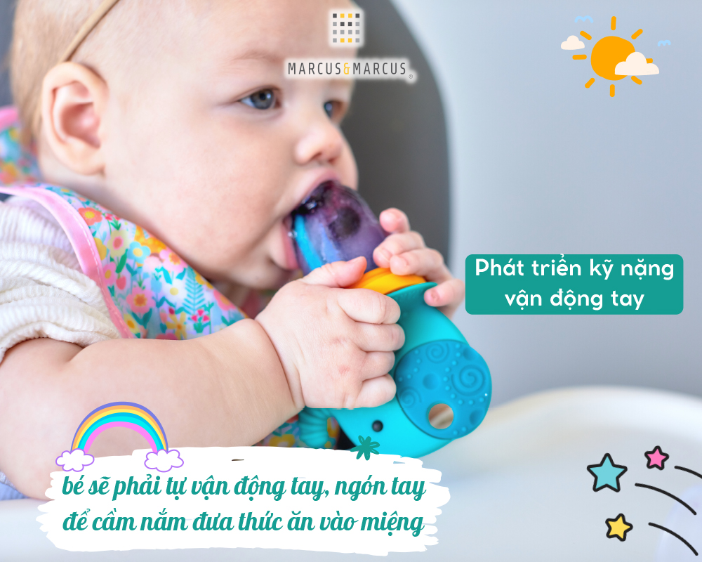 Túi nhai ăn dặm chống hóc silicon kèm gặm nướu và nắp làm kem cho bé Marcus & Marcus, từ 6 tháng - Ollie