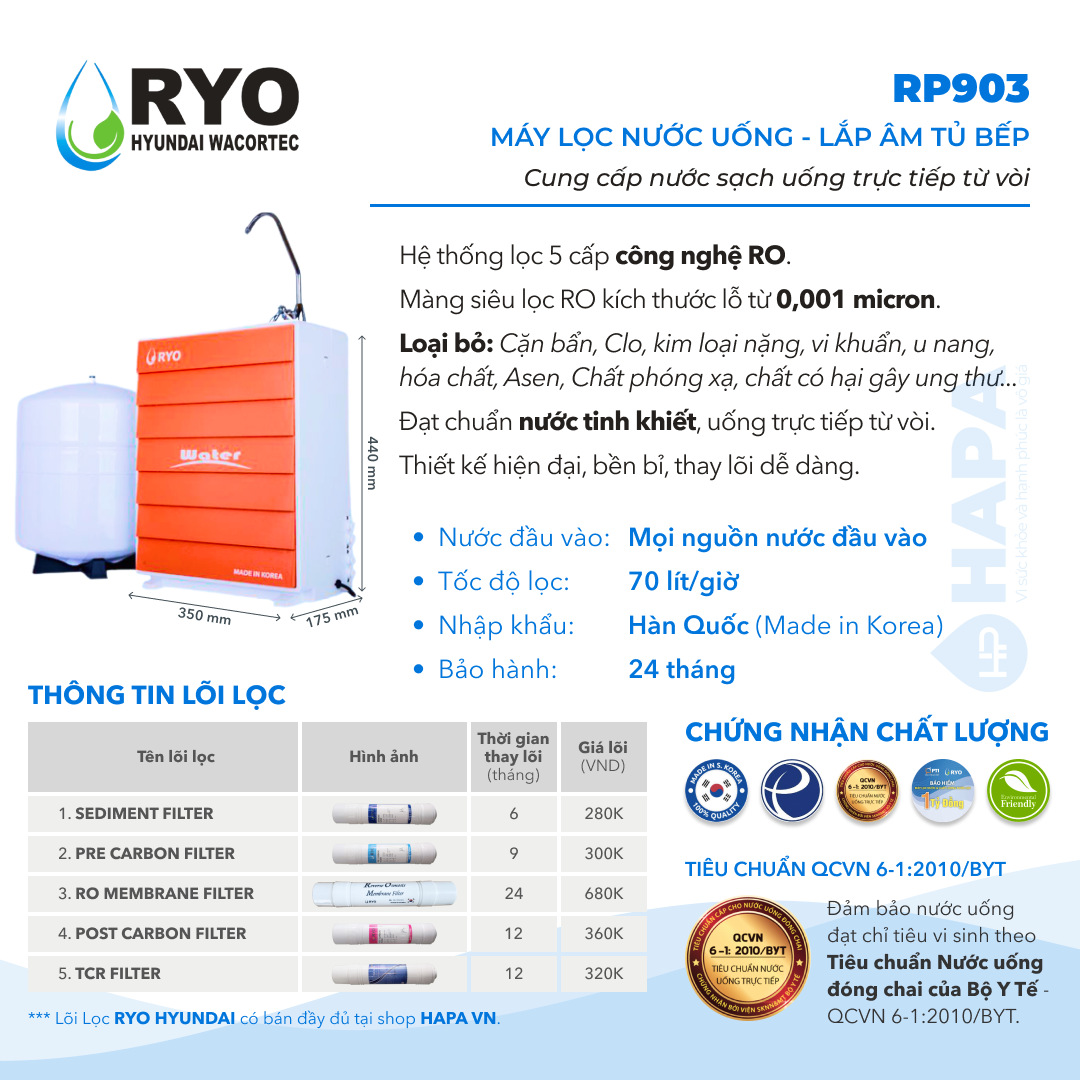 Máy Lọc Nước RYO Hyundai RP903 Chuẩn Nước Uống Trực Tiếp Công Nghệ RO 5 Cấp Lọc, Nhập Khẩu Hàn Quốc - Hàng Chính Hãng