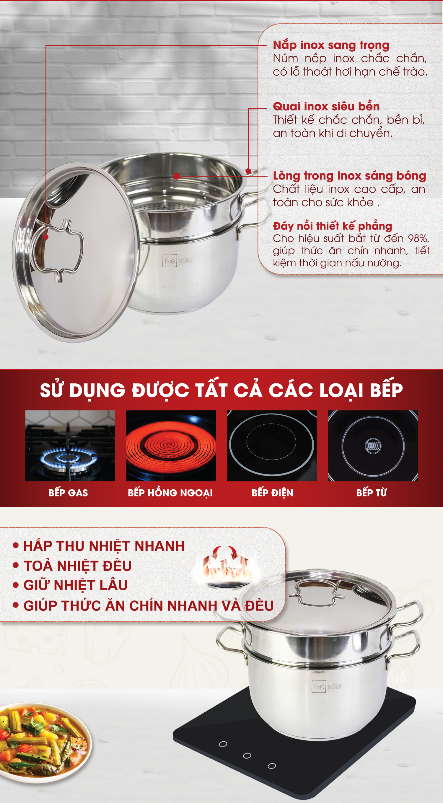 Xửng hấp inox Fivestar 3 đáy từ nắp inox