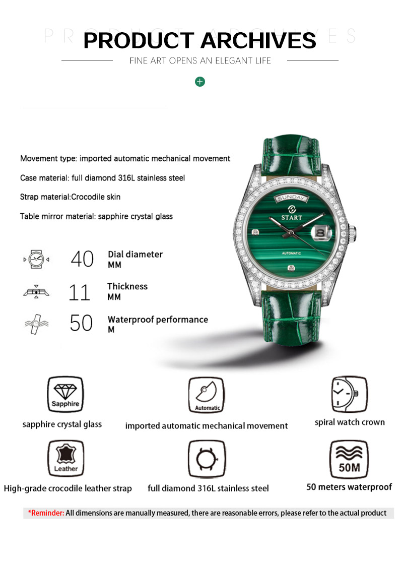 【START】Đồng hồ nam đá khổng tước tự nhiên（Malachite）đồng hồ kim cương chức năng hiển thị thứ ngày  đồng hồ cơ tự động dây da cá sấu Khóa bướm
