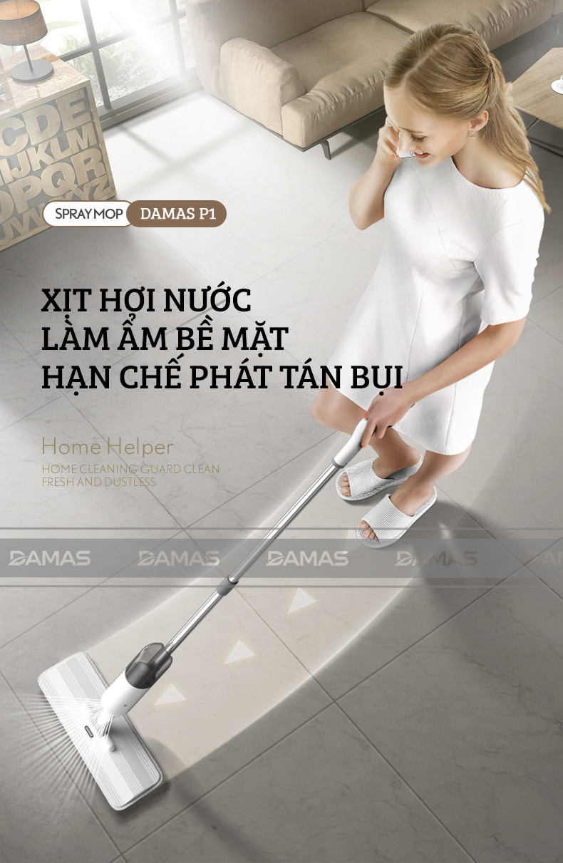 Cây Lau Nhà Phun Sương, Chổi Lau Nhà 360° Lau Sạch Khô Nhanh Cao Cấp Damas P1 Pro - Bản Lau To Giúp Lau Sạch Nhanh Chóng, Khớp Xoay 180 Độ Linh Hoạt - Thiết Kế Mới Tích Hợp Bình Chứa Dung Dịch Với Tốc Độ Phun Sương 0.1s - Hàng Chính Hãng