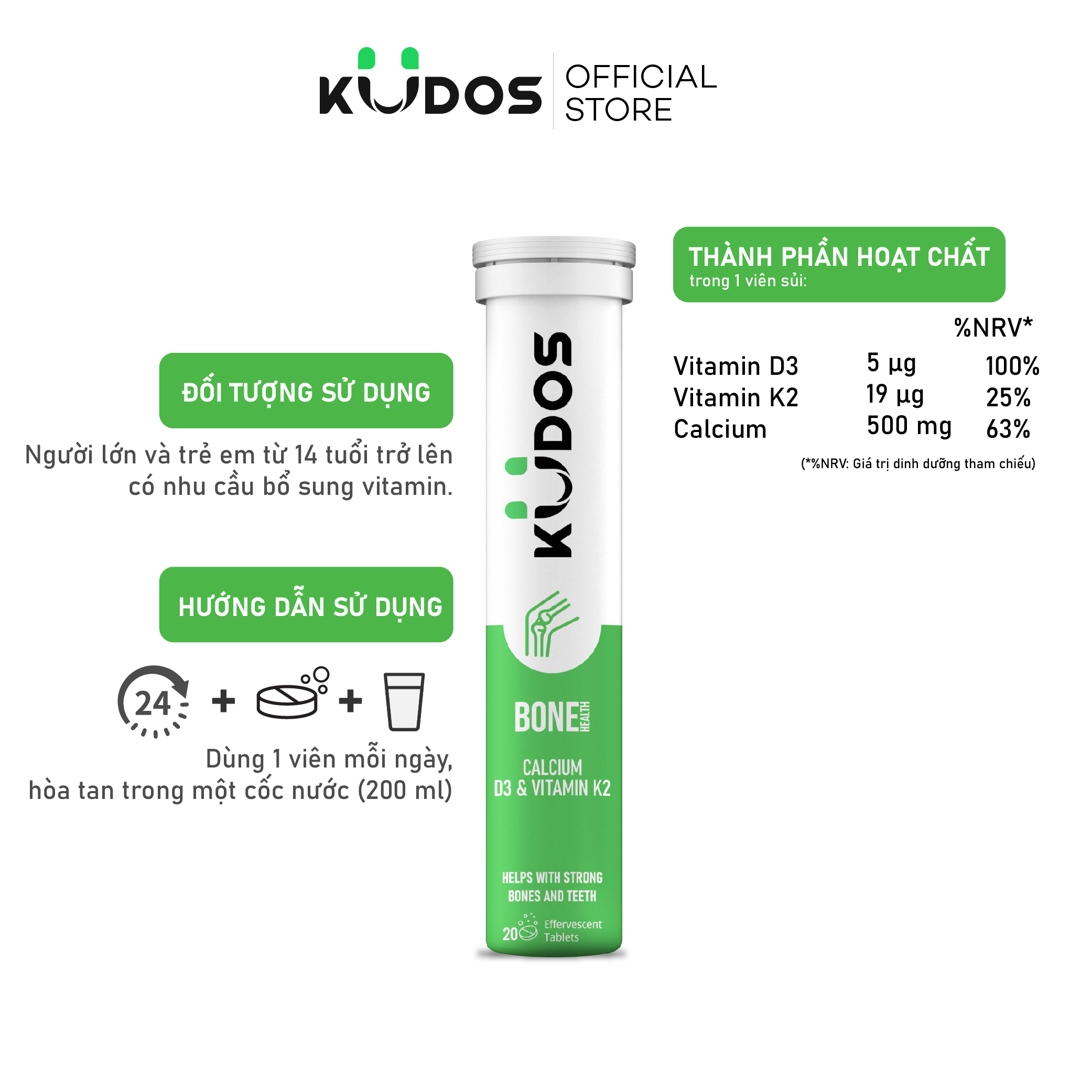Thực phẩm bảo vệ sức khỏe KUDOS BONE HEALTH CALCIUM, D3 & VITAMIN K2 (20 viên/tuýp)