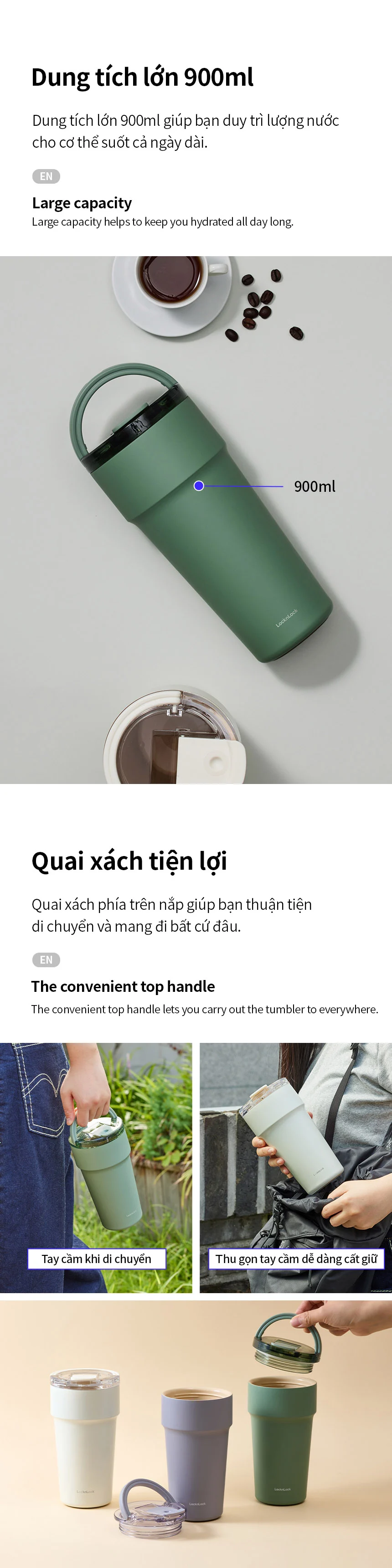 Ly Giữ Nhiệt LocknLock 900ml Thép Phủ Sứ, Có Ống Hút 3 màu - LHC4419