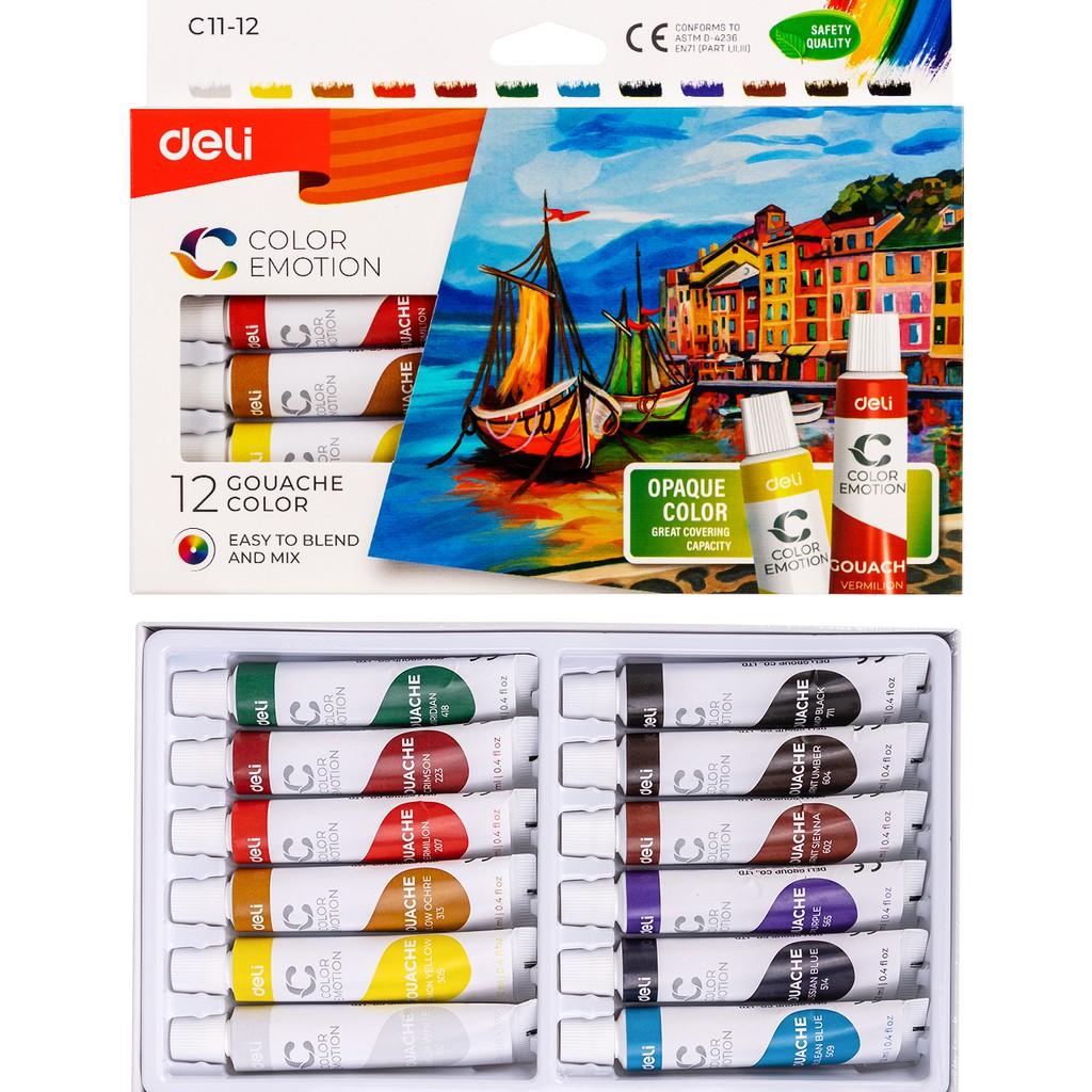 Màu nước Gouache dạng tuýp 12ml Deli 5/12/24 màu-Tặng kèm pallete gỗ 12 cọ