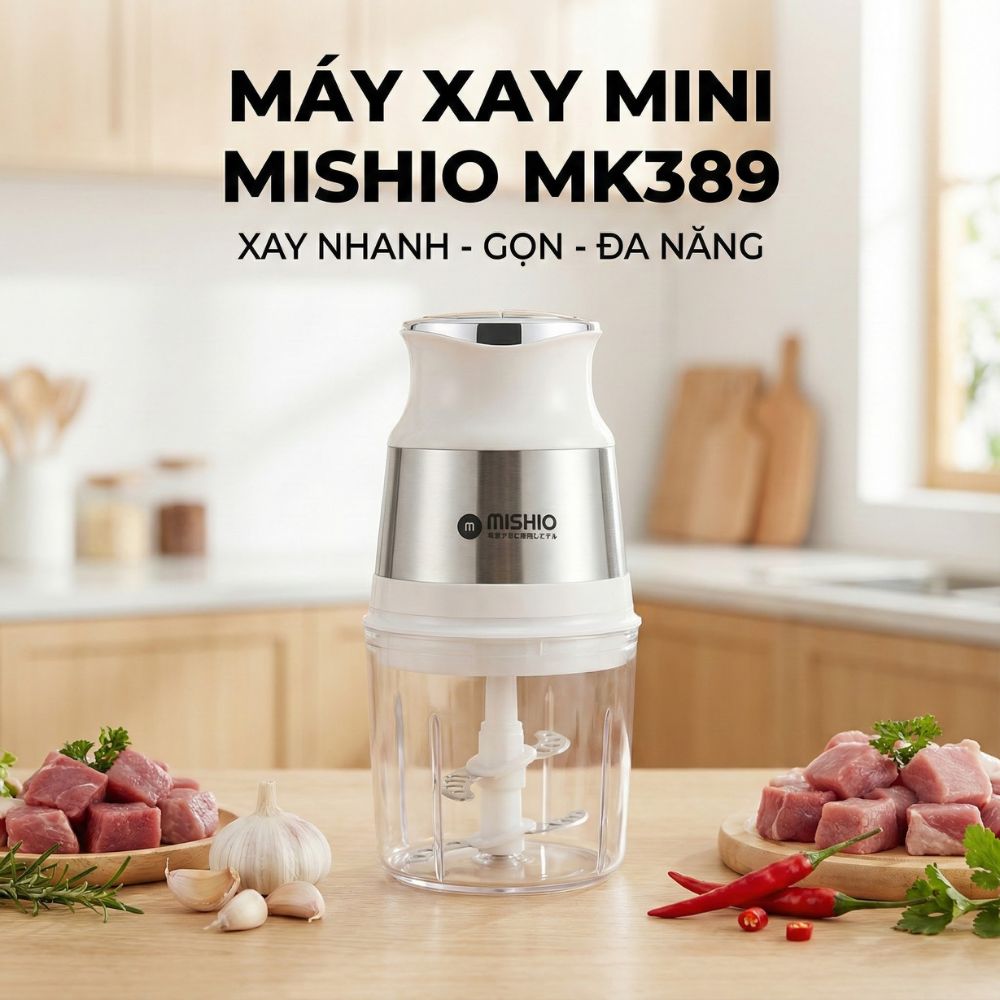Máy Xay Mini Mishio MK389 - Dung Tích 0.8L, Xay Đồ Ăn Dặm, Gia Vị, Đồ Khô, Công Suất 250W Mạnh Mẽ - Hàng chính hãng