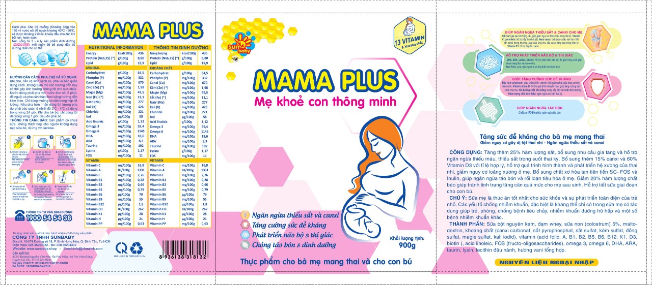 Sữa bột Mama Plus cho mẹ mang thai và cho con bú (900g) Sunbaby SBTC2019 1