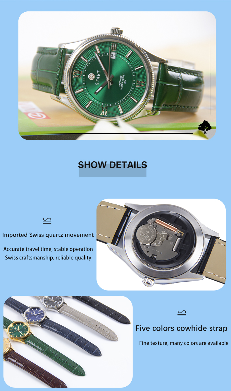 【START】Đồng hồ nam lõi đồng hồ thạch anh Thụy Sĩ đồng hồ dây đai chống nước dạ quang chức năng ngày Mặt số ký tự la mã