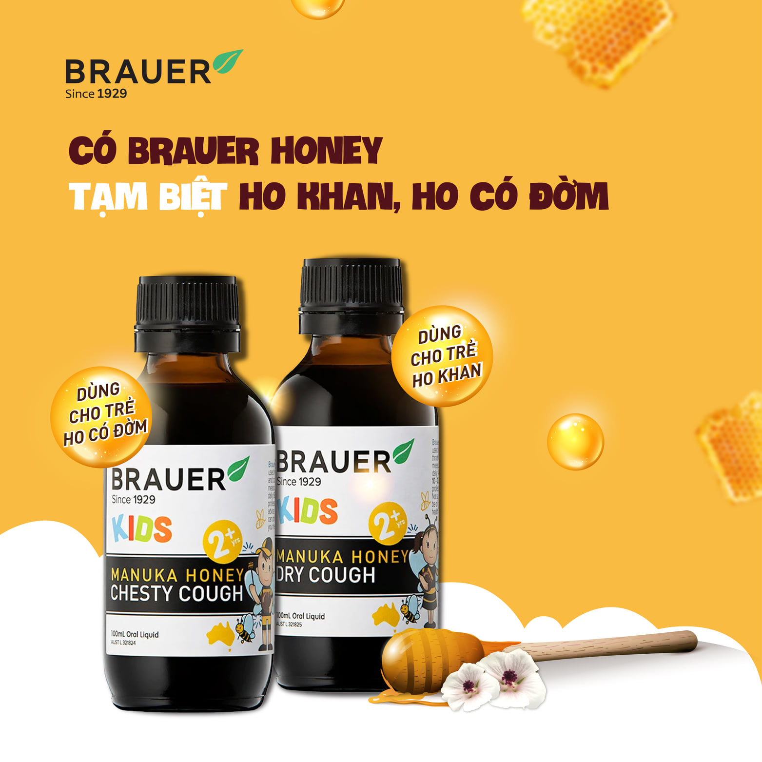 Siro hỗ trợ giảm ho cho trẻ từ 2 tuổi Brauer Manuka Honey Úc