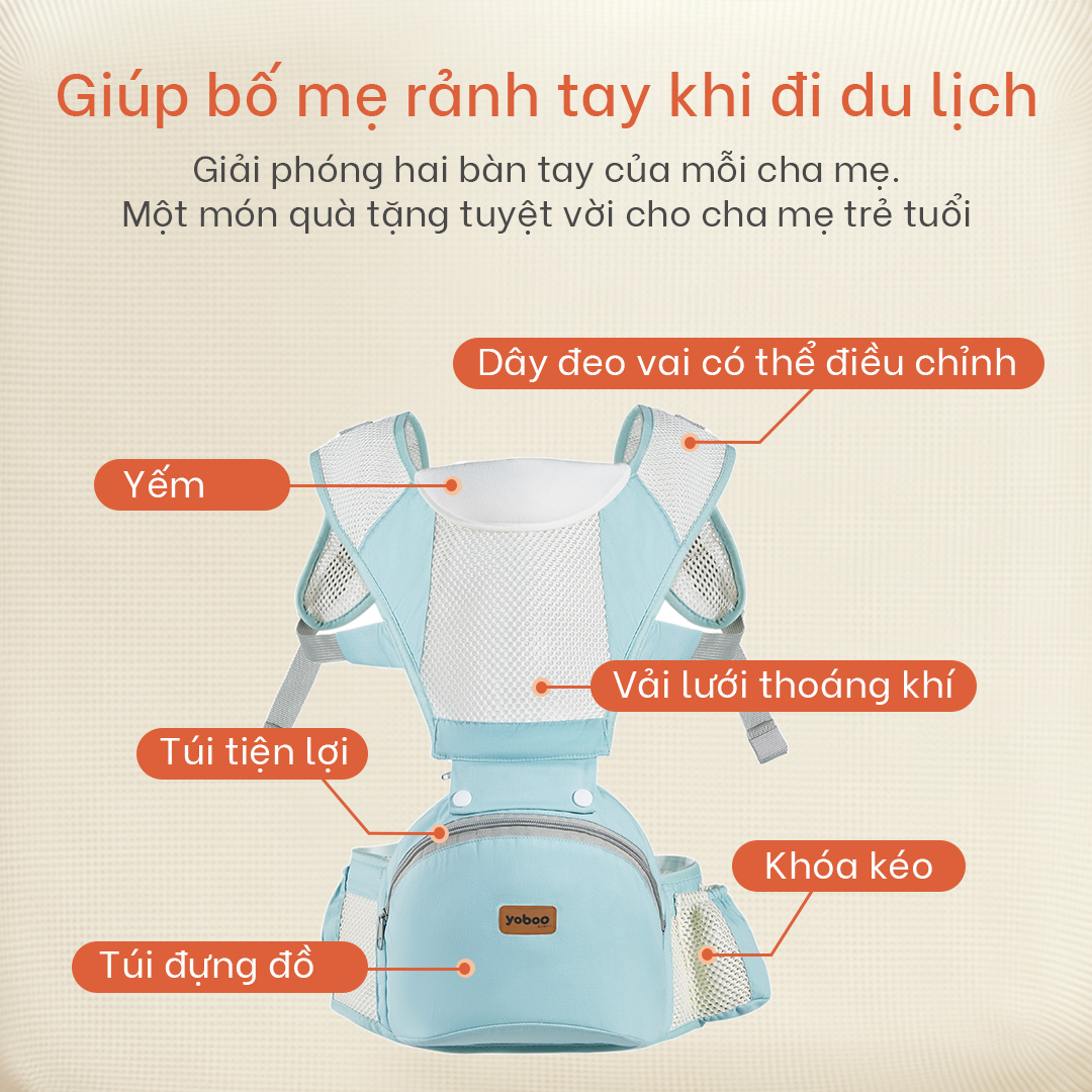 đai địu em bé yoboo - chống gù, có bệ ngồi, lưới tổ ong thoáng khí - chất lượng nhật bản 5