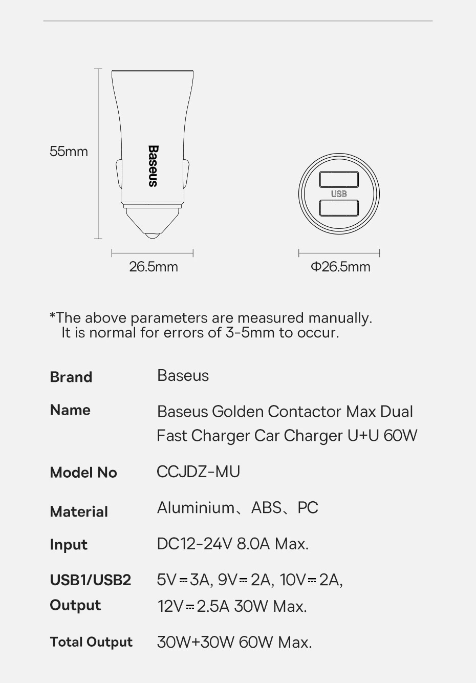 Tẩu Sạc Ô Tô Baseus Golden Contactor Max Dual Fast Charger Car Charger 60W - Hàng Chính Hãng