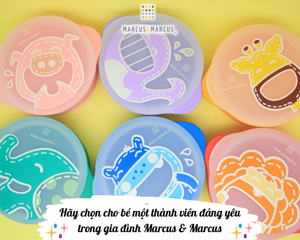 Bát tập ăn silicon có nắp và đế hút chân không chống đổ cho bé Marcus & Marcus, từ 12 tháng