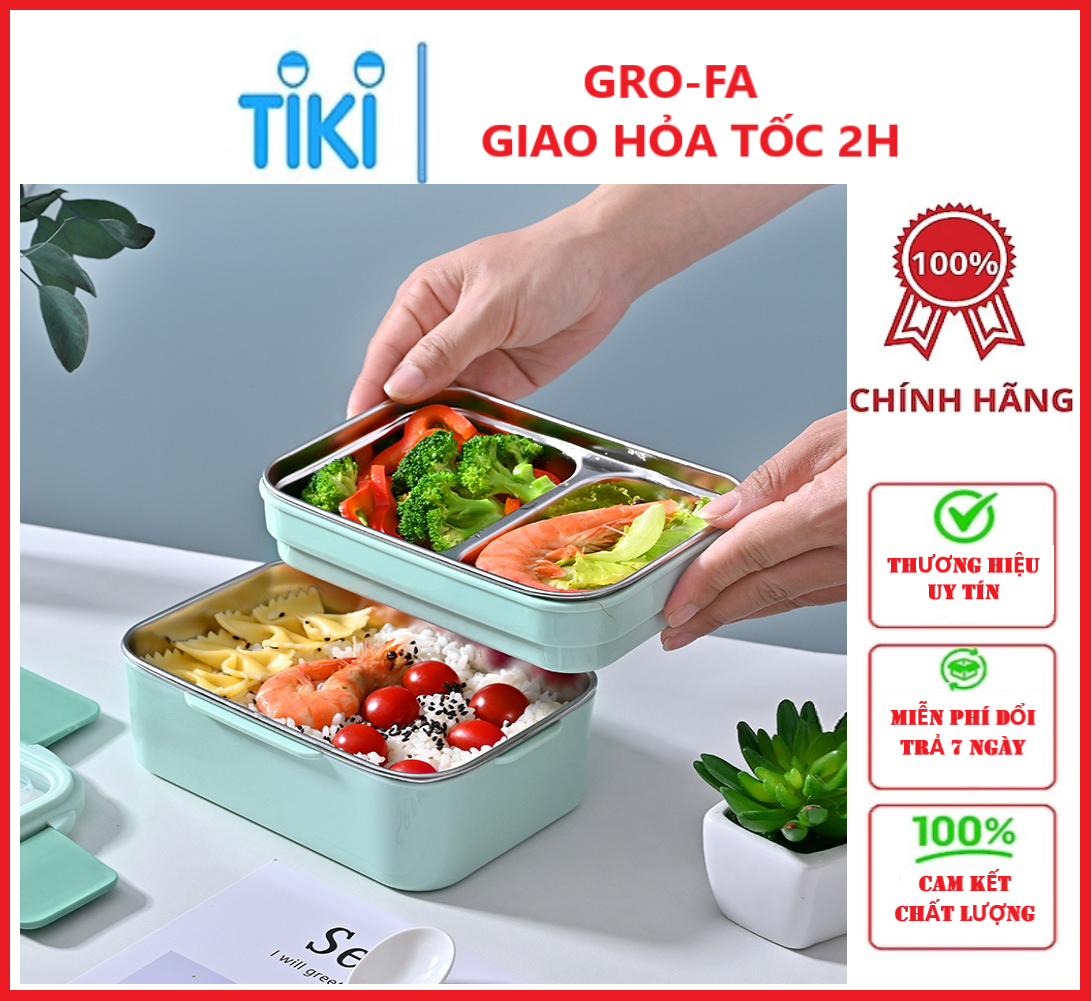 Hộp Cơm Giữ Nhiệt 2 Tầng Inox 2 Lớp Chắn Chắn Tặng kèm muỗng- Hàng Chính Hãng ( Màu ngẫu nhiên)