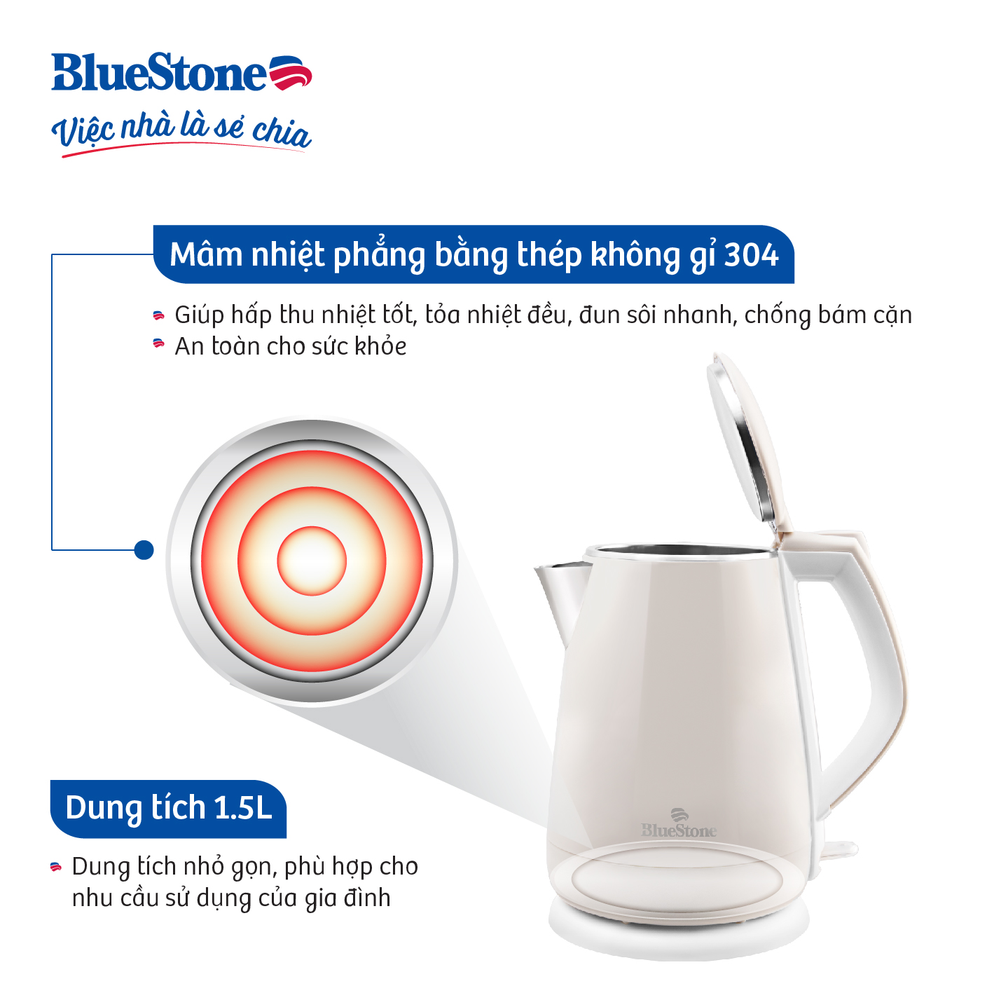 Ấm Đun Siêu Tốc 2 Lớp Bluestone KTB-3351 - 1.5L (Màu Ngẫu Nhiên) - Hàng chính hãng