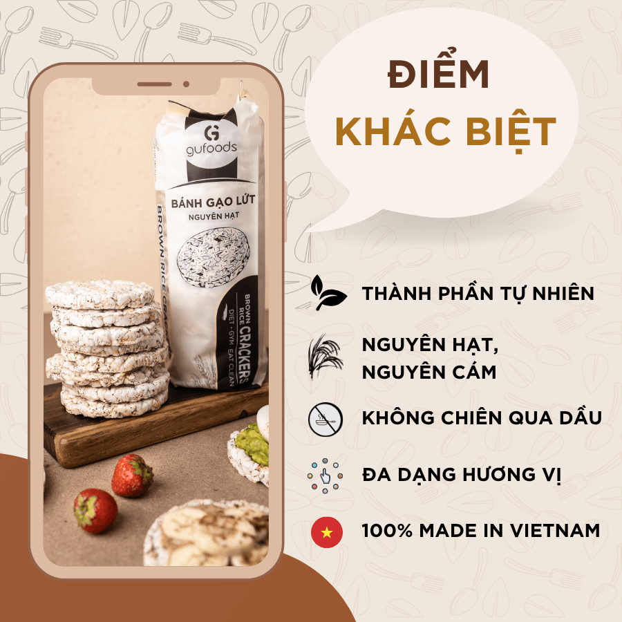 Bánh gạo lứt GUfoods (170g) - Không chiên dầu, Không đường, Từ gạo và ngũ cốc nguyên hạt, Lành mạnh, Phù hợp Eat clean, Ăn vặt healthy, Thực dưỡng, Tập gym, Thuần chay, Đa dạng hương vị