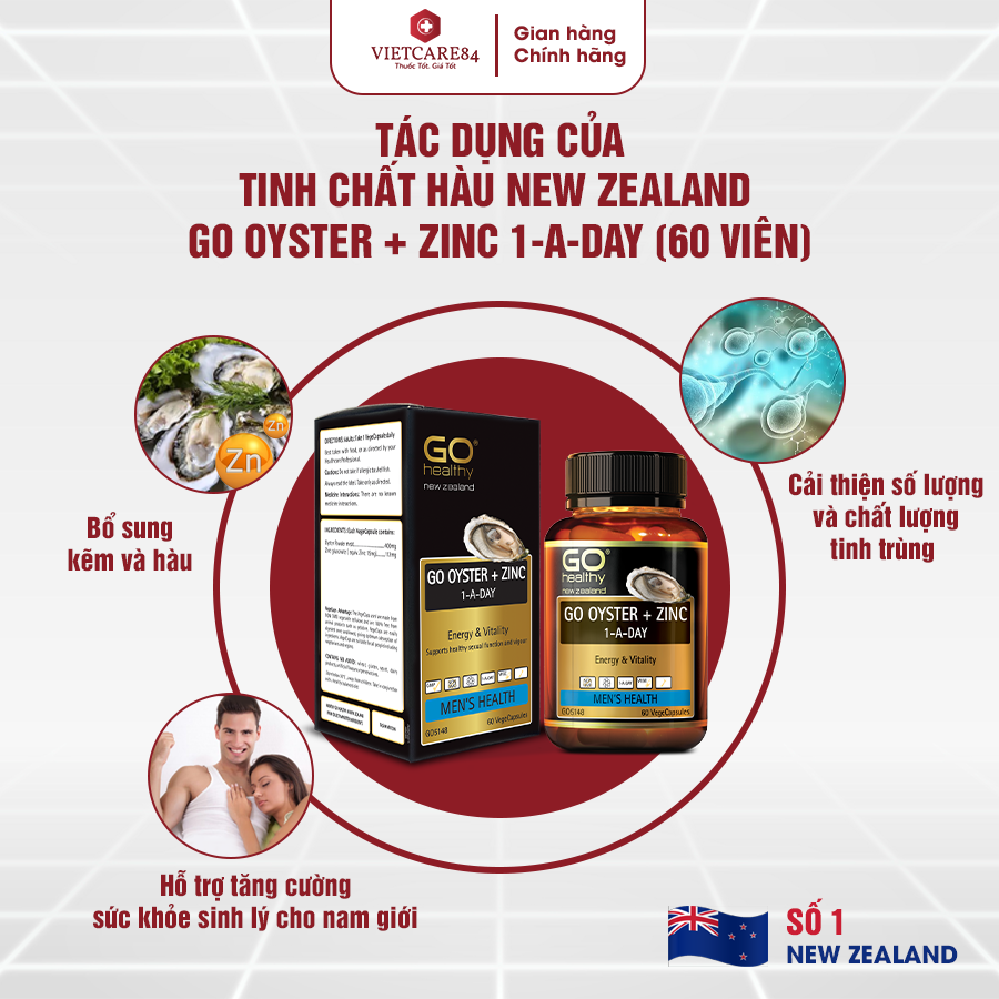 Viên uống tinh chất Hàu nhập khẩu chính hãng New Zealand GO OYSTER + ZinC (60 viên) giúp tăng cường sinh lý nam, cải thiện chất lượng tinh trùng