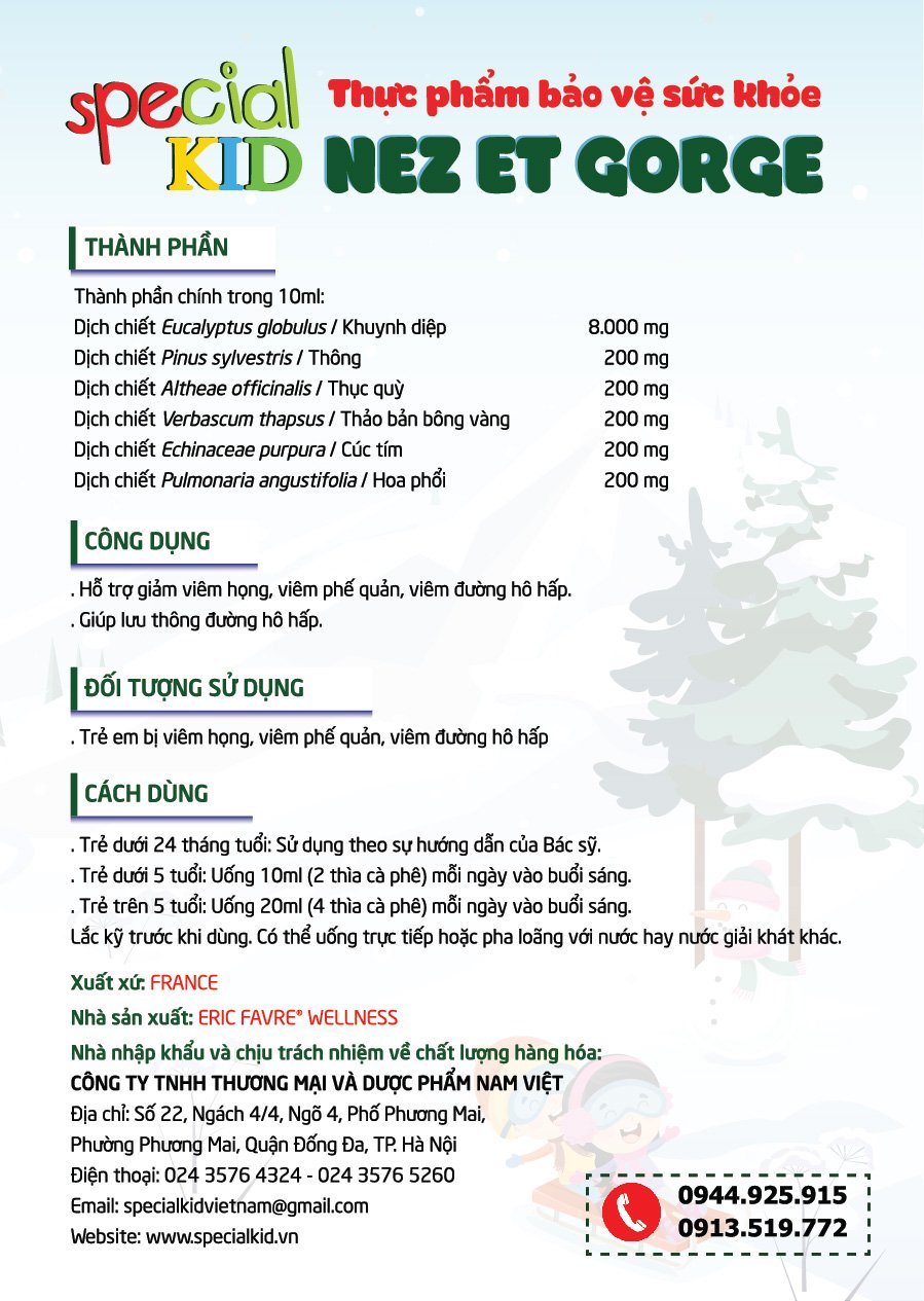 TPBVSK Special Kid Nez et Gorge - Hỗ trợ giảm viêm họng, viêm phế quản, Giúp thông mũi, giảm ho, bớt lo viêm họng (125ml)[Siro – Nhập khẩu Pháp]