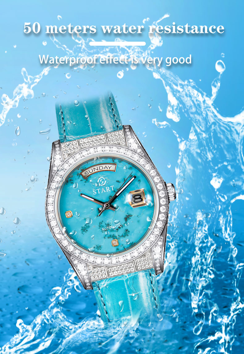 【START】Đồng hồ nam đá ngọc lam tự nhiên（Turquoise）đồng hồ kim cương chức năng hiển thị thứ ngày  đồng hồ cơ tự động dây da cá sấu Khóa bướm