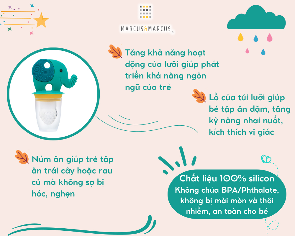 Túi nhai ăn dặm chống hóc silicon kèm gặm nướu và nắp làm kem cho bé Marcus & Marcus, từ 6 tháng - Ollie