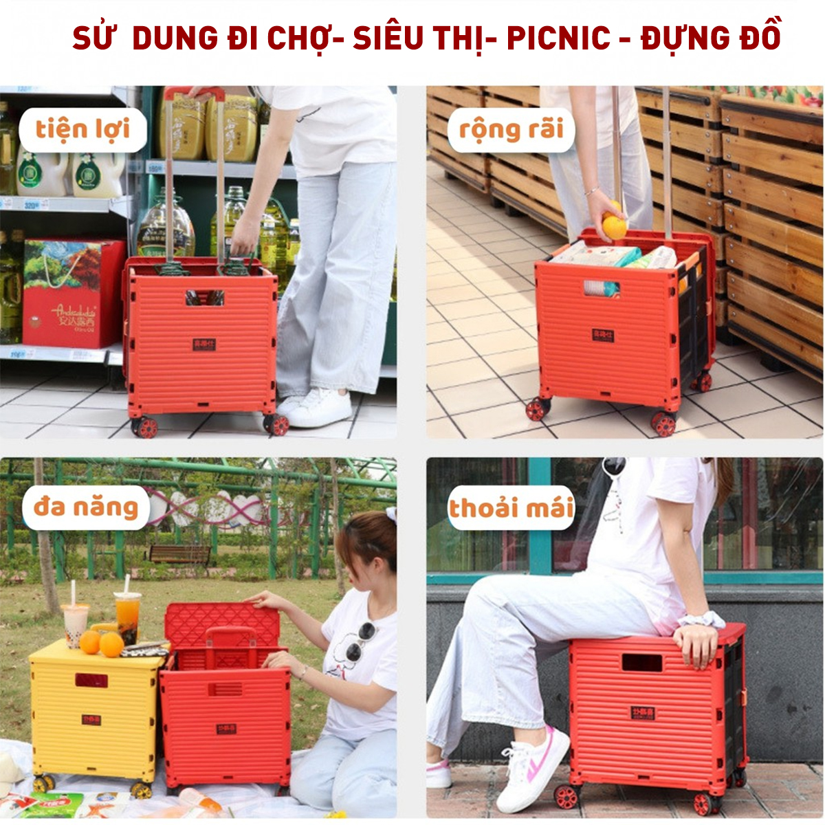 Xe kéo đi chợ siêu thị  65L xếp gọn nhập khẩu FUJIHOME ST250, bánh xe xoay 360 độ, xe đẩy hình hộp vali 65L xếp gọn đa năng- Hàng chính hãng