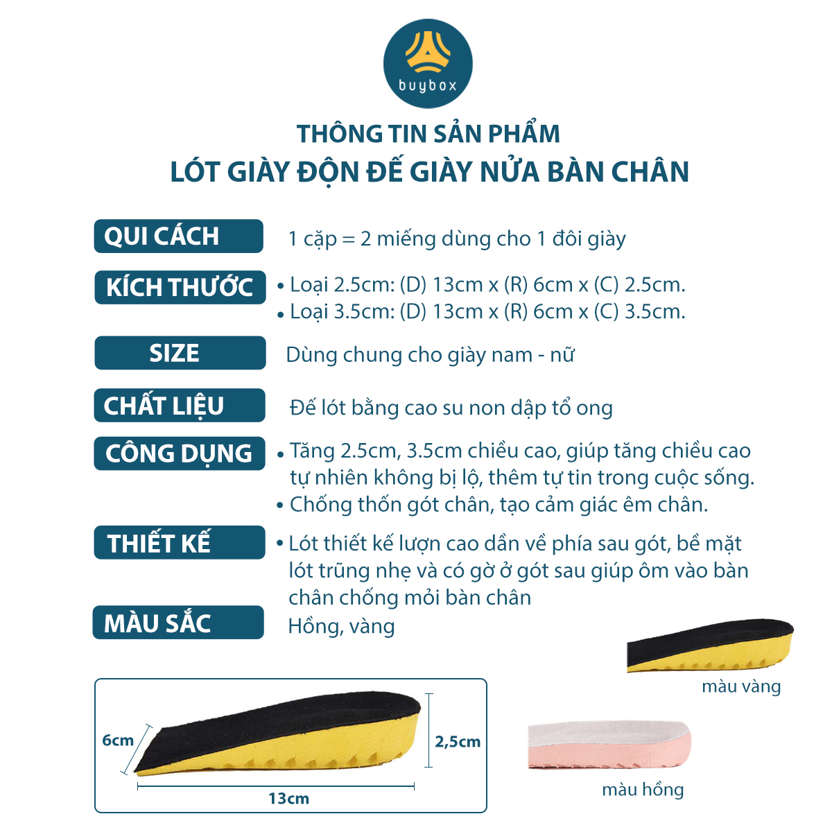 Lót giày độn đế cao su non, nhựa EVA, tăng chiều cao, êm chân, chống thốn - buybox - BBPK209