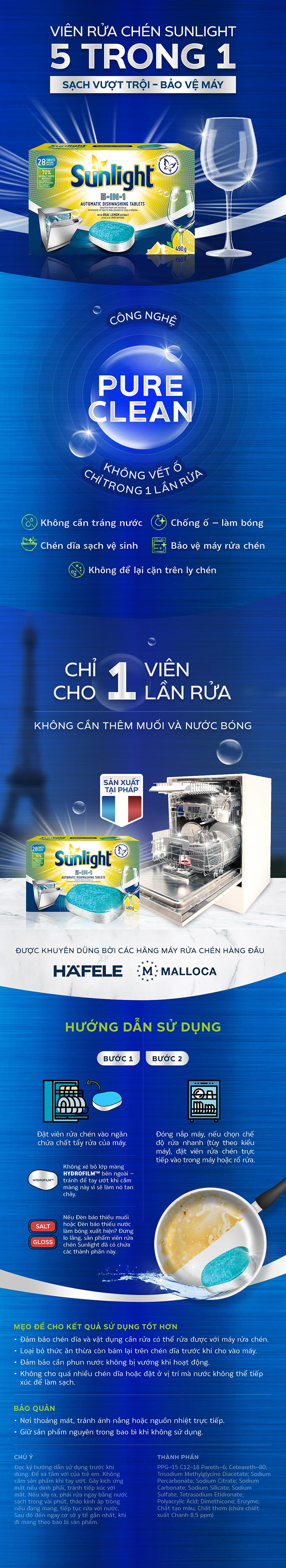 Combo 6 Hộp Viên Rửa Chén Bát (28V/hộp) Sunlight 5 in 1 Cho máy rửa chén bát Công nghệ PureClean không để lại vêt ố