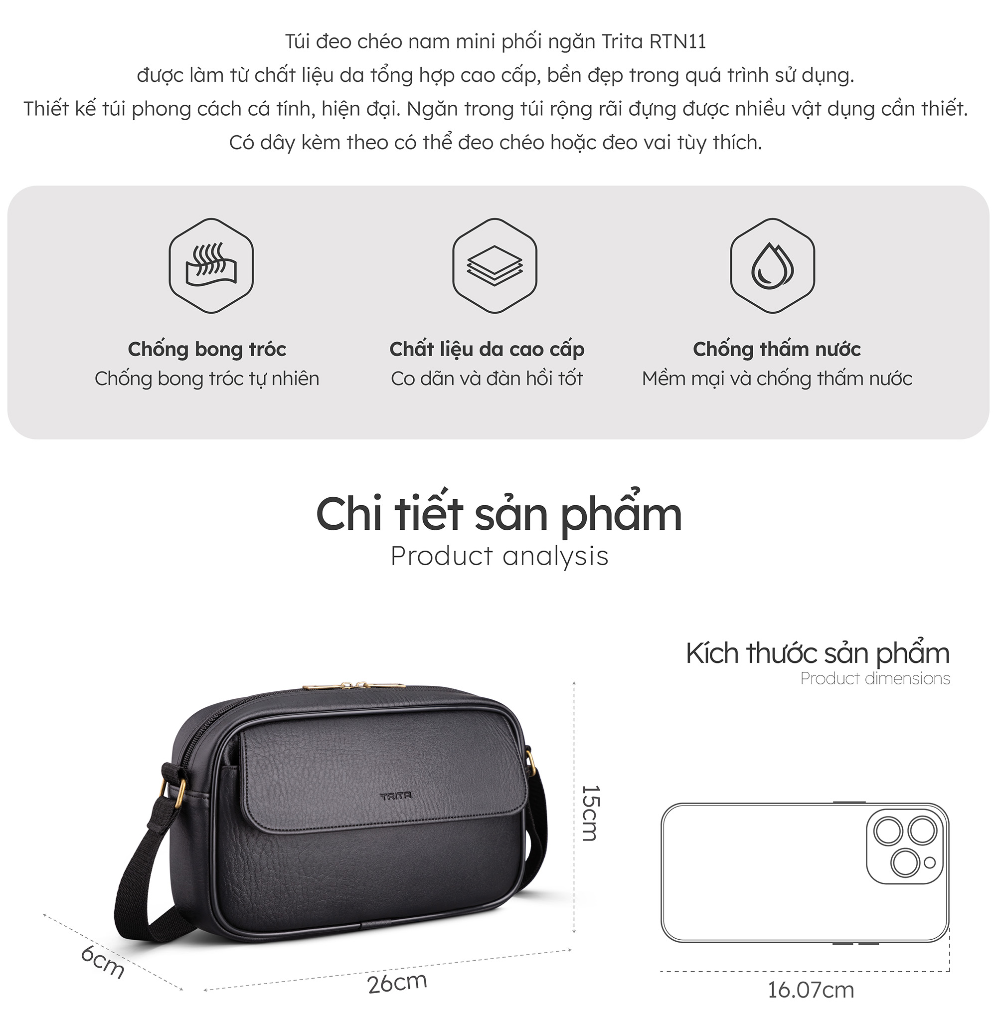 Túi Trita ( Thời trang nam đa năng phối ngăn - Túi đeo chéo da RTN11 )