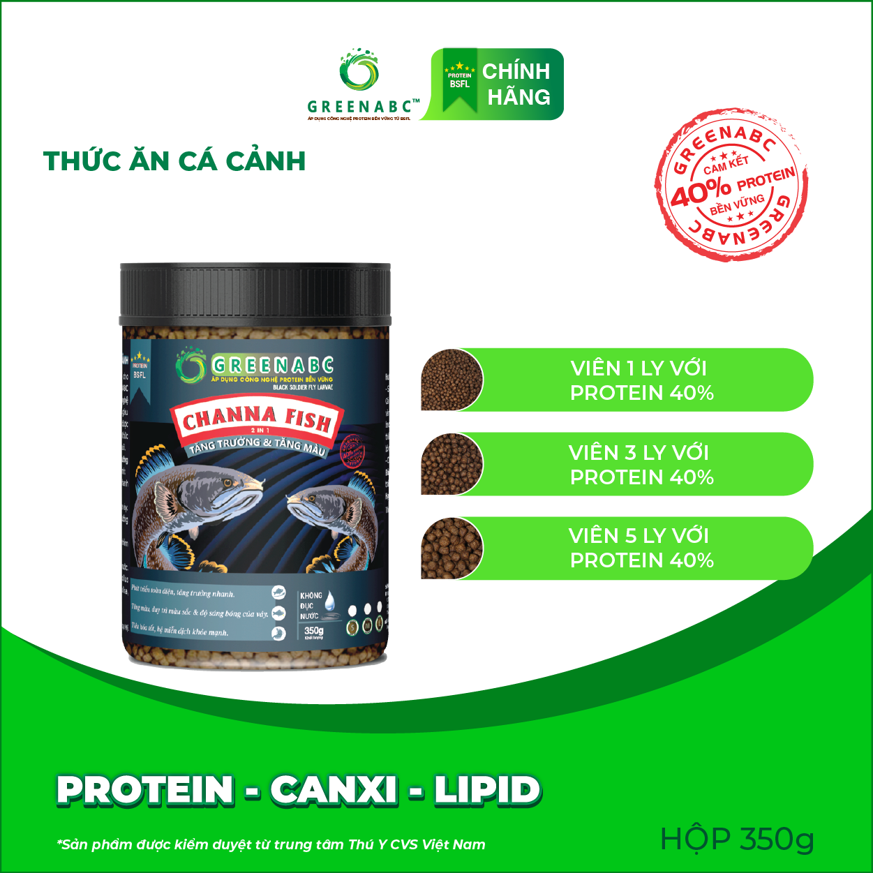 Thức ăn Cá Lóc Cảnh GREENABC - Channa Fish – Hàm lượng protein 40% giúp tăng trưởng nhanh, lên màu đẹp, màu sắc rực rỡ - Hộp 350g