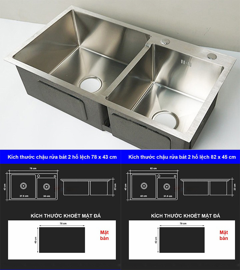 Bản vẽ kỹ thuật kích thước chậu rửa bát 2 hố lệch inox 304 KT 78 x 43 - 82 x 45 Pimisi