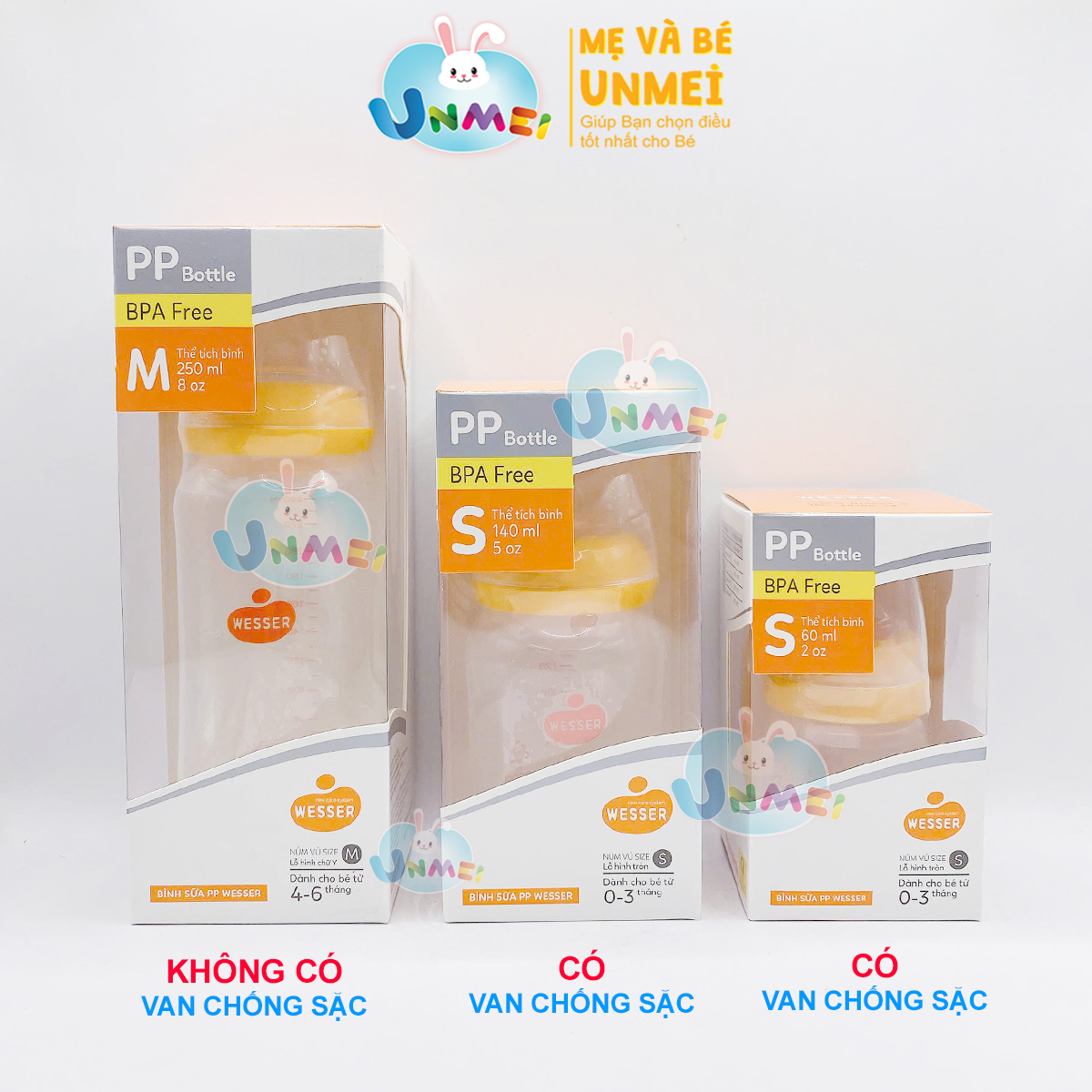 Combo 3 Bình Sữa Wesser PP 60ml, 140ml và 250ml (Giao màu ngẫu nhiên)