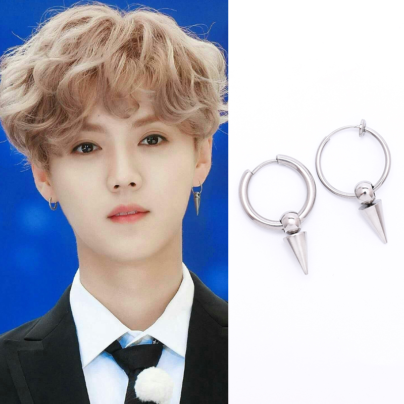 Bộ 2 bông tai nam khoen tròn mũi nhọn idol Kpop