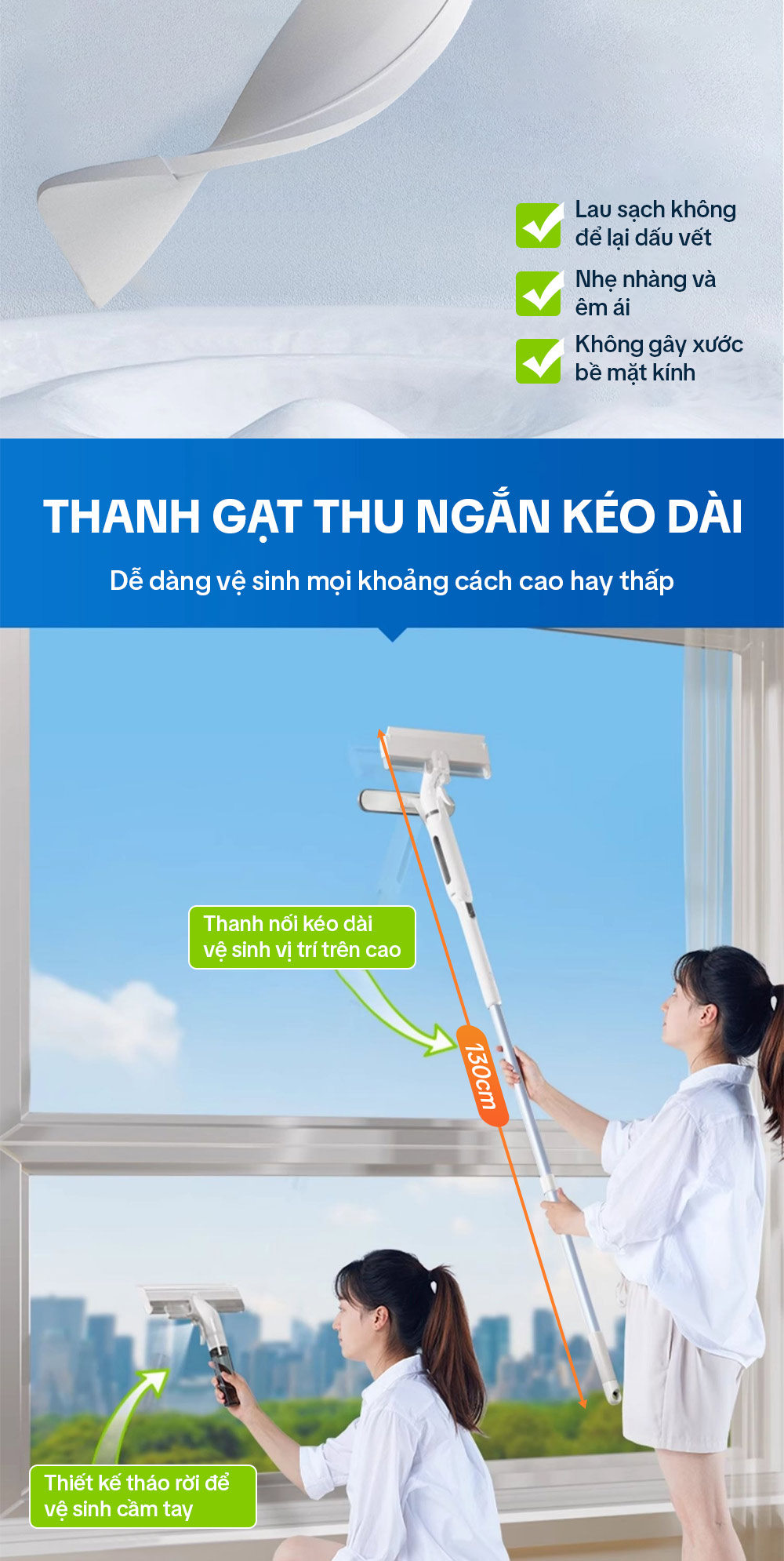 Cây lau kính, gạt chùi kính 4 trong 1, cán nhôm độ dài linh hoạt, thu nước trên kính, có phun sương Parroti Shiny SN04