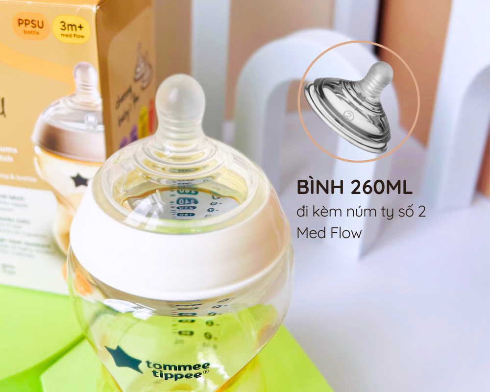 Bình Sữa PPSU Ty Siêu Mềm Tự Nhiên Tommee Tippee Natural Start 260ml, Núm Ty Của Bình 3-6 tháng (Bình Đôi)