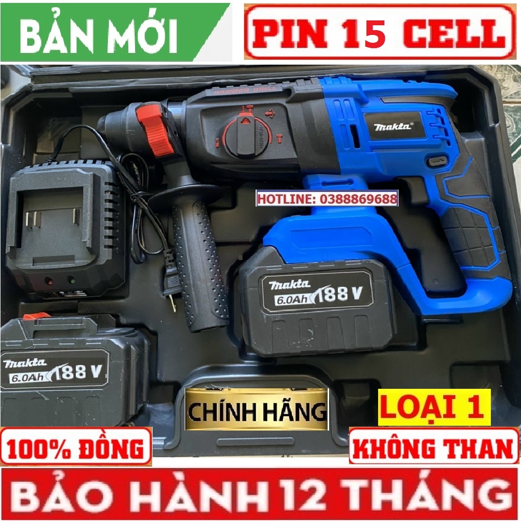 Máy khoan Bê tông MKT 15 CELL, máy không chổi than 100% dây đồng, 2 PIN - BẢO HÀNH 1 NĂM full bộ