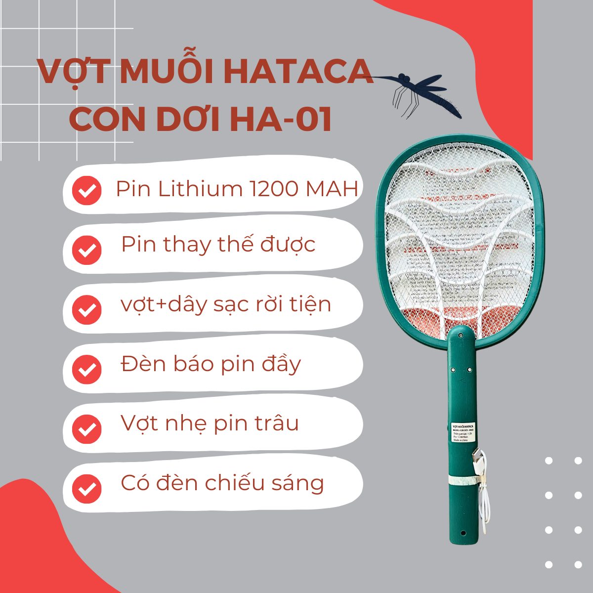Vợt muỗi HATACA CON DƠI PIN LITHIUM 1200MAH THAY THẾ ĐƯỢC