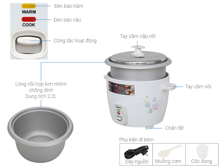 Nồi Cơm Điện Nắp Rời Midea MR-GM22SA (2.2 Lít) - Hàng Chính Hãng