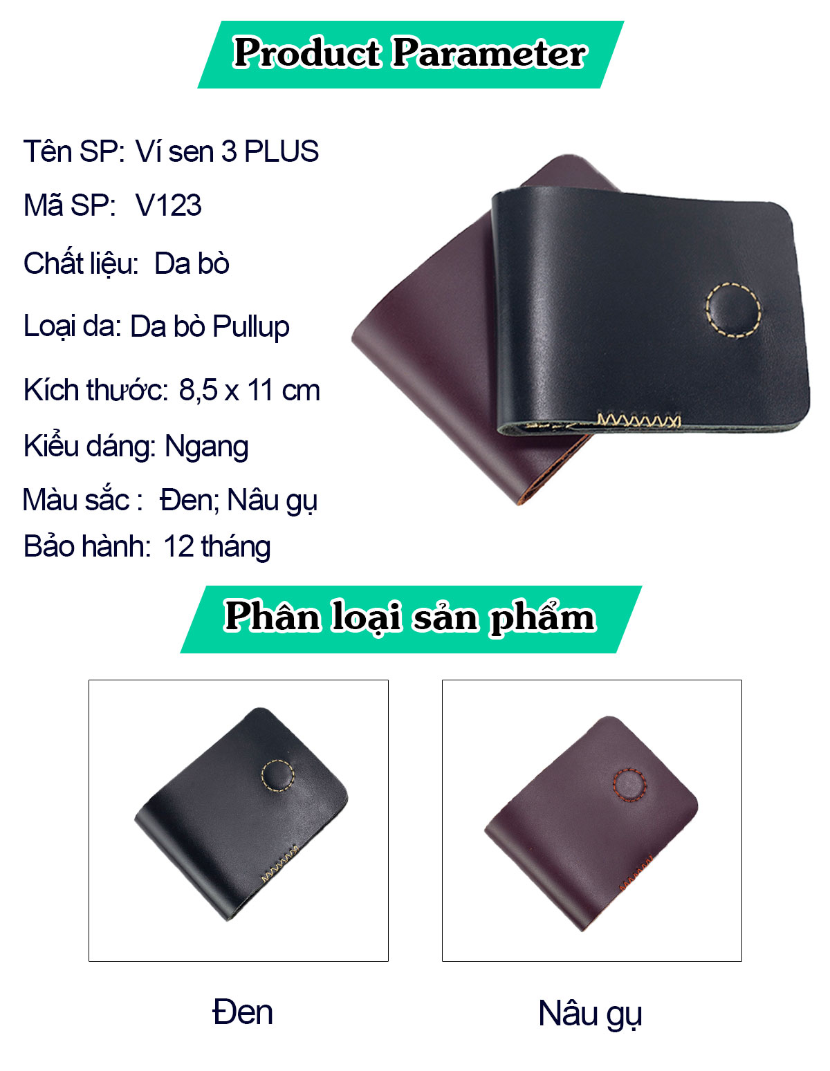 Ví sen 3 PLUS da bò Pullup V123, bóp mini nam nhỏ gọn hai màu đen và nâu, đường chỉ may tinh tế, đựng thẻ kẹp tiền tiện lợi, fullbox, thương hiệu Bụi leather chuyên đồ da thật