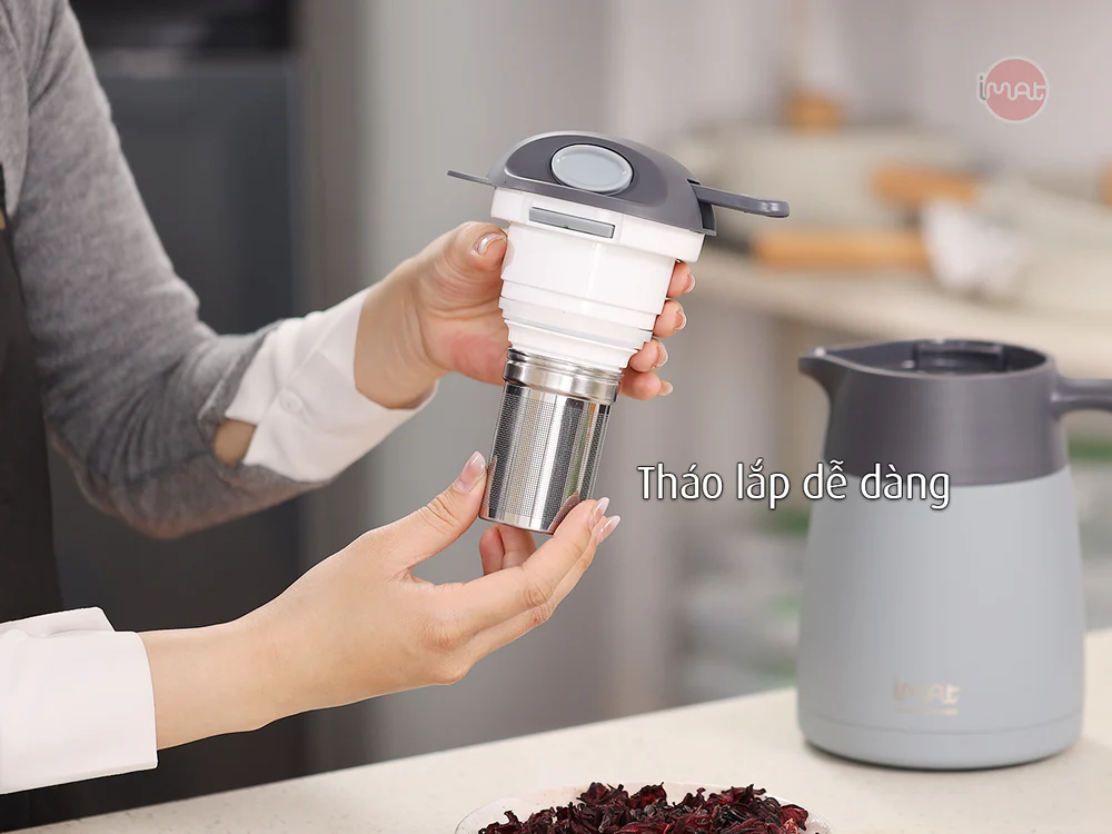 Bình ủ nhiệt iMat có phin lọc 1200ml màu xanh xám, ruột bình, phin lọc Inox 304