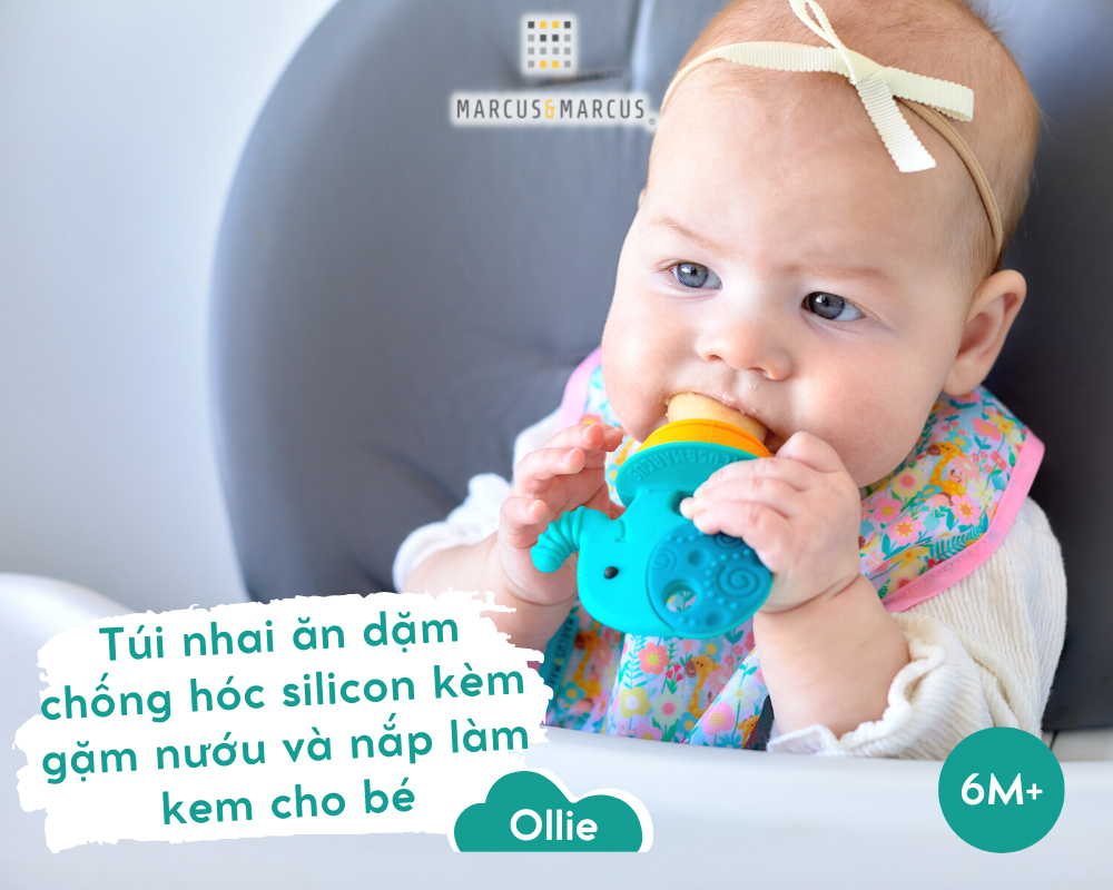 Túi nhai ăn dặm chống hóc silicon kèm gặm nướu và nắp làm kem cho bé Marcus & Marcus, từ 6 tháng - Ollie