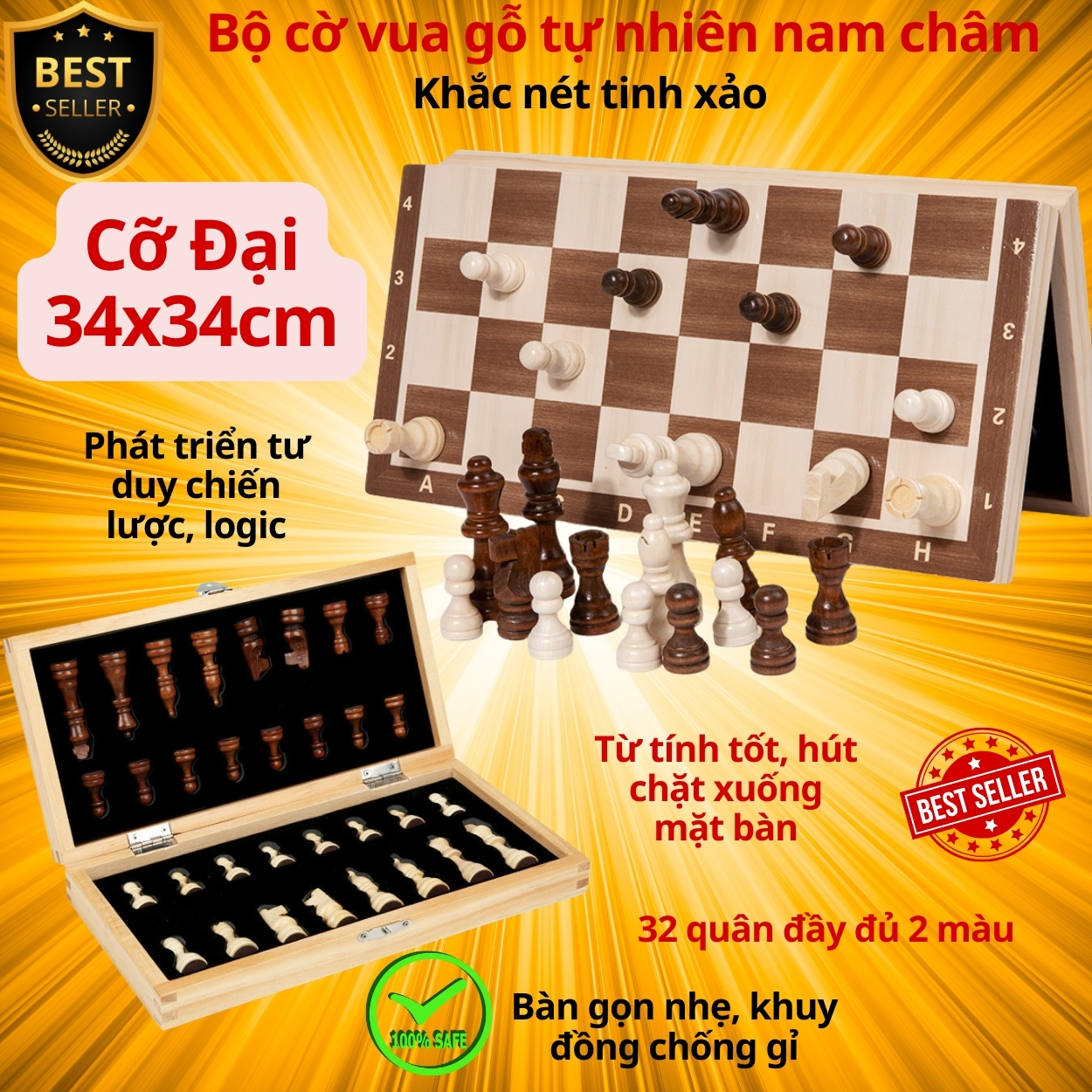 Bộ Cờ Vua Nam Châm Bằng Gỗ Tự Nhiên An Toàn Cao Cấp Size Lớn 34x34cm Chính Hãng