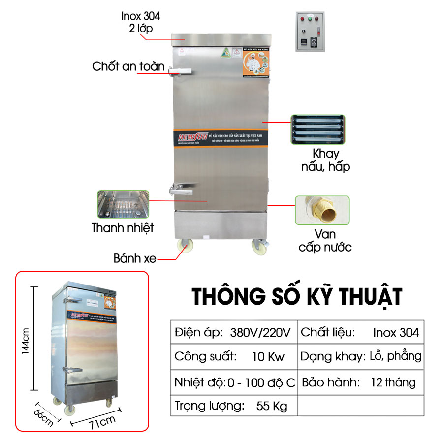 Tủ hấp giò chả bằng điện 10 khay Newsun  (50 kg/mẻ) - không tủ điều khiển (Ảnh 7)