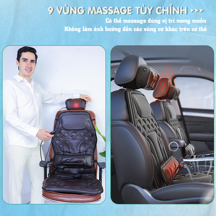 Nệm (đệm) massage ô tô cao cấp Nikio NK-150 - Con lăn 3D xoa bóp cổ vai gáy, kết hợp nhiệt nóng sưởi ấm lưng, cổ và rung toàn thân tạo cảm giác thư giản, túi khí nâng đỡ cột sống lưng