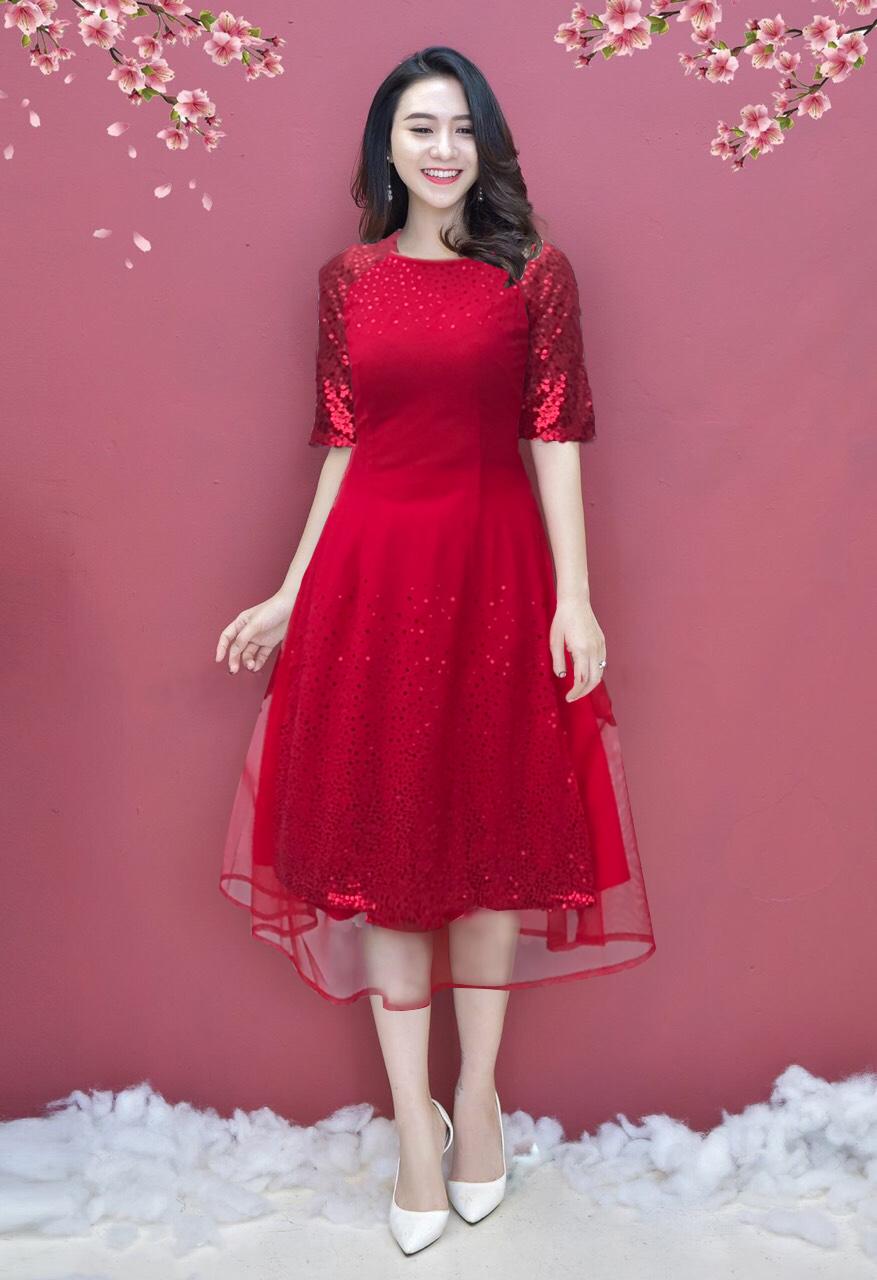 Set áo dài cách tân đỏ chân váy S7238  The Queen Fashion